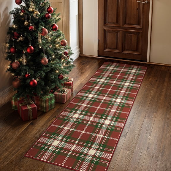 KUETH Runner Rug 2.6×10 for Hallway Kitchen Indoor, Machine Washable Rug, Runner Rugs for Living Room,Red grid Decor, Non-Slip Rug, Bedroom, Kitchen, Dinning Room