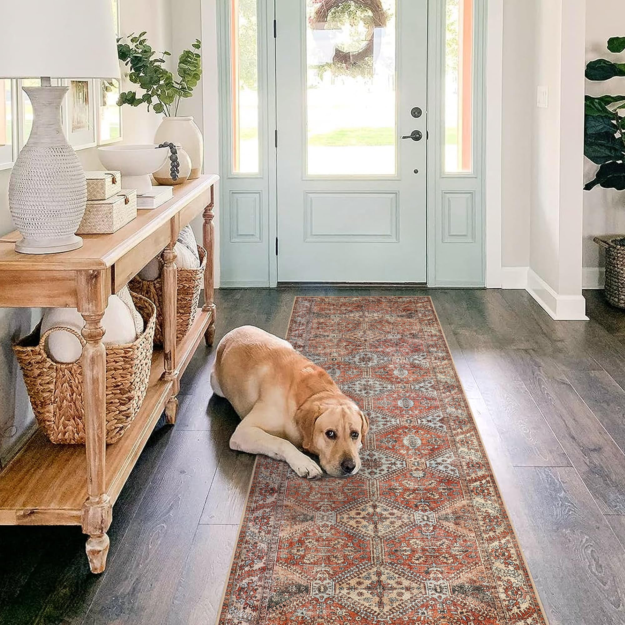 KUETH Runner Rug 2x8 Machine Washable Hallway Brick Red UltraThin