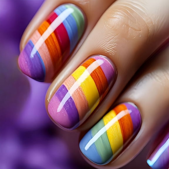 KUFptva 24 Pcs Glossy Full Covers Stick on Nails Mediums Square False Nails Stripes Press On Nails Rainbow Artificial Nails