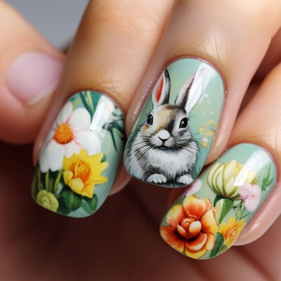 KUFptva 24 Pcs Green Artificial Nails Short Square Full Covers False Nails Easter Rabbits Stick on Nails Flowers Press On Nails