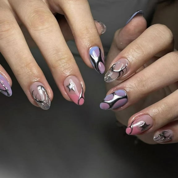 KUFptva 24 Pcs Short Oval False Nails Silver Stripes Artificial Nails French Tip Stick On Nails Fashion Press On Nails for Woman