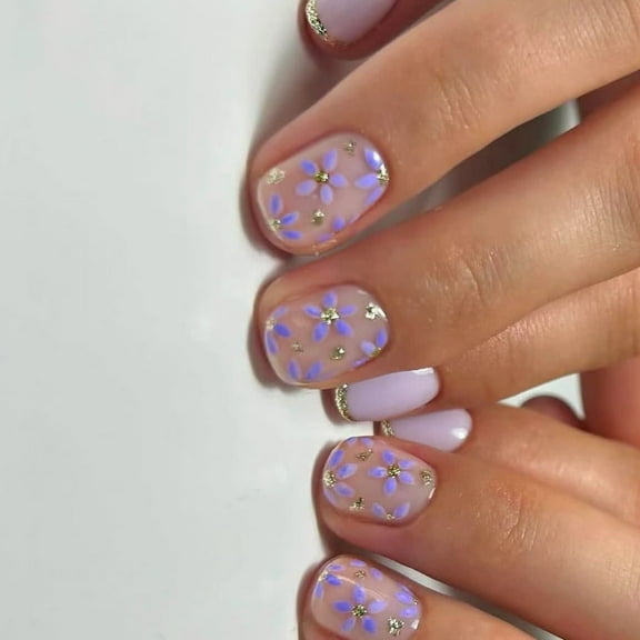 KUFptva 24 Pcs Short Square False Nails Flowers Artificial Nails French Tip Stick On Nails Glittering Press On Nails for Woman