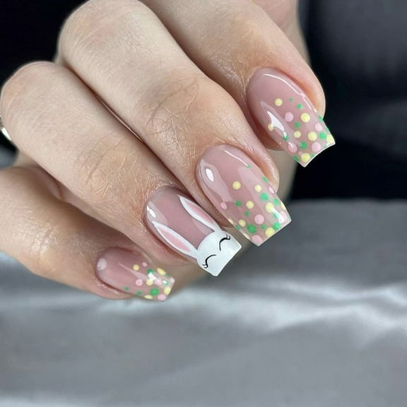 KUFptva 24 Pieces Easter False Nails Square Rabbits Press on Nails Manicure Nails Art Easy Application for WomenGirls