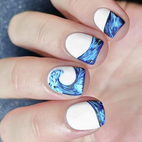 KUFptva 24 Pieces False Nails Blue And White Pattern With Water Design Nails Decors Short Square Shape Stick on Nails For Women