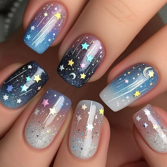 KUFptva 24 Pieces Square False Nails with Space Theme Moon Star Designs Acrylic Glossy Stick on for Women and Girls