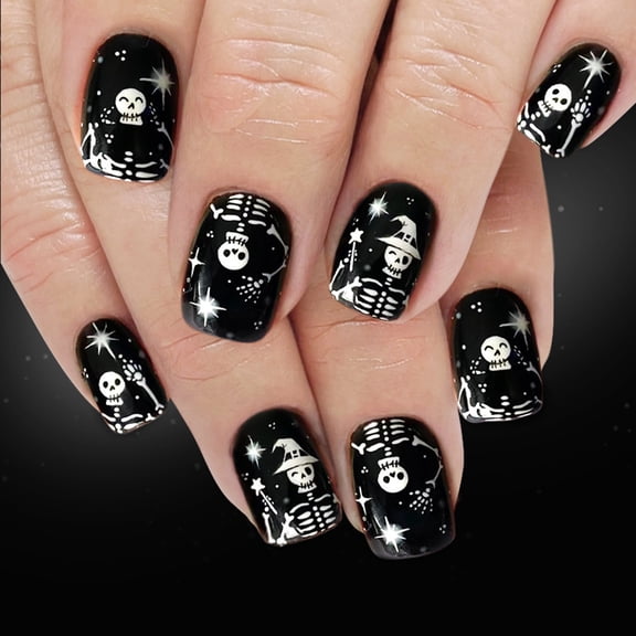 KUFptva 24PCS Reusable Press On Nails Halloween Theme Featuring Cobweb Skull Patterns And Comfortable ABS