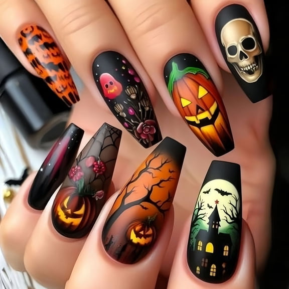 KUFptva 24PCS Reusable Press On Nails Halloween Theme Featuring Skittish Cobweb Skull Patterns And Comfortable ABS