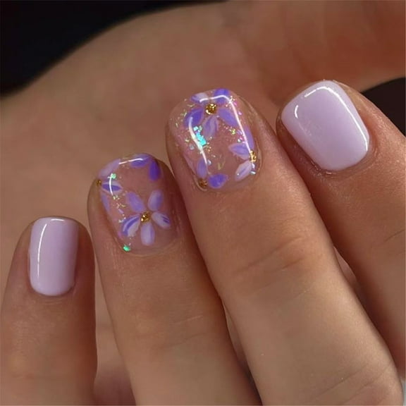 KUFptva 24Pcs Short Square False Nails with Flower Designs Glossy Full Covers Acrylic Nails Spring Artificial Nails Manicure