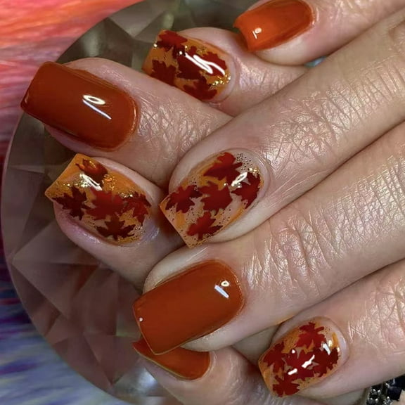 KUFptva 24Pieces Glittering Press on Nails Tips Leaf Pattens Short Look European Manicure Art Artificial Fingernails Set