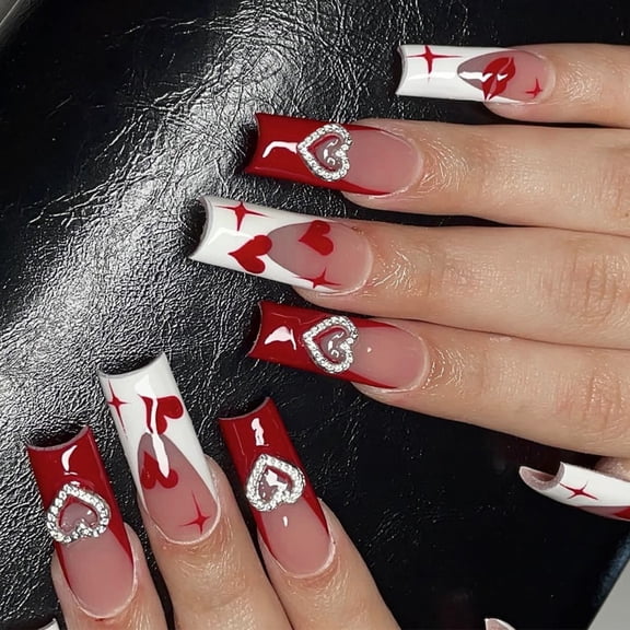 KUFptva 24pcs Long Coffin False Nails in Love Heart French Styles Press on Nailwith Nails Charm Valentine's Day Gifts for Wom