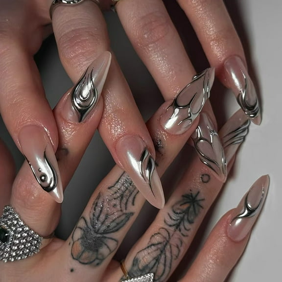 KUFptva 24x Mediums Almond False Nails Irregular Flame Press On Nails Reusable Acrylic Nails Glossy Full Covers Stick on Nails