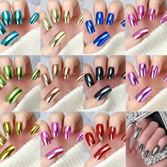 KUFptva 288Pcs Square Press on Nails With Holographically Metallic Glossy False Nails Full Coverage Acrylic Nails Art for Women