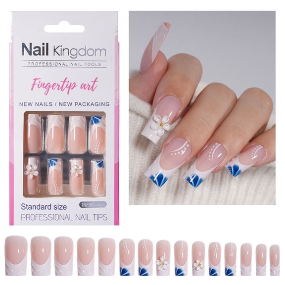 KUFptva 30pcs Glossy French Tip Press On Nails Long Square Shape Stick on Nails Manicure Glossy Acrylic False Nails For Women