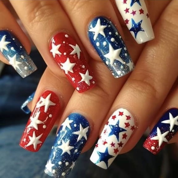 KUFptva 4th of July Press on Nails Coffin French Tip Fake Nails Independence False Nails with Blue Red Glitters Stick on Nails