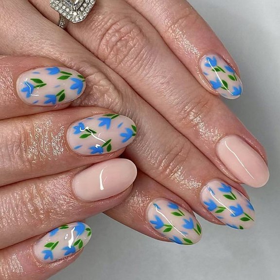 KUFptva Almond Press on Nails Glossy Fake Nails Stick on Nails in 12 Sizes 24Pcs French Nails Tips for Nails Art Decorations