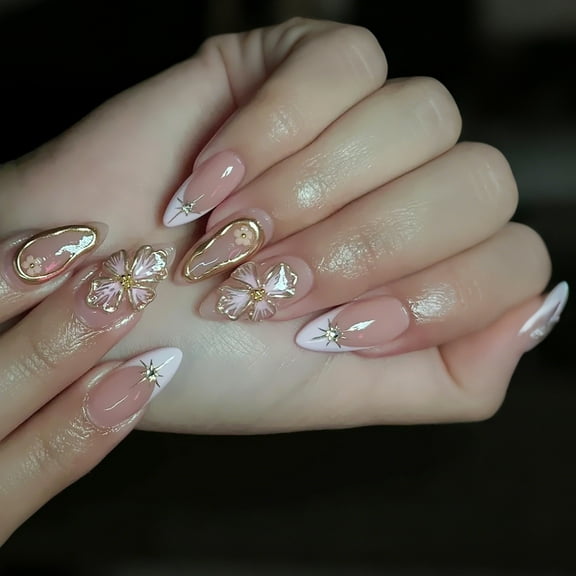 KUFptva Elegant Acrylic False Nails Almond Shape with Floral Pattern and Gold Detail Stick On Nails for Manicure 24 Pieces