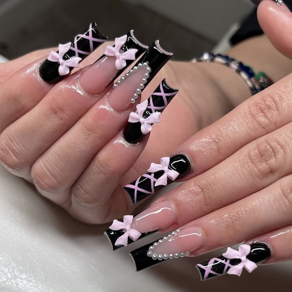 KUFptva False Nails Long Black French Styles with Bows Artificial Nails Full Covers Acrylic Press on Nails Manicure Nails Art