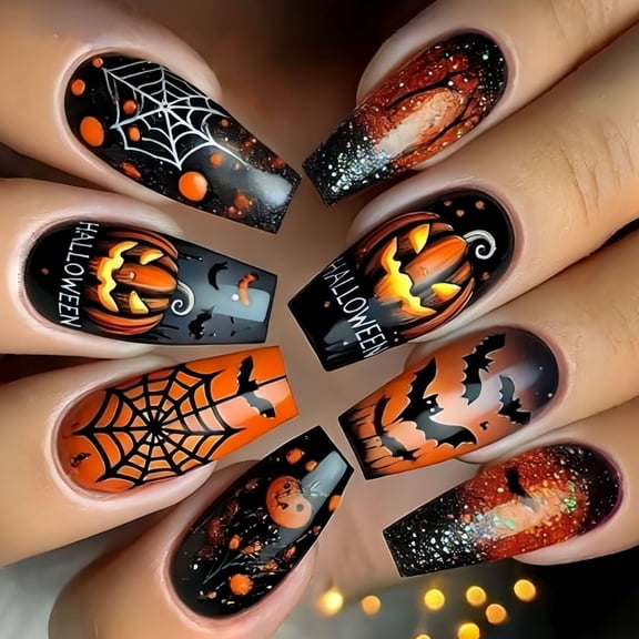 KUFptva Length Square Press On Nails Halloween Theme With Cobweb Patterns Sturdy ABS For Costume Parties
