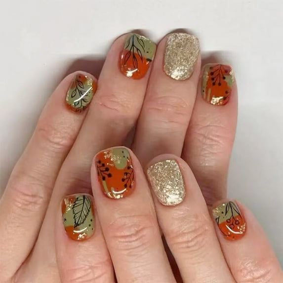KUFptva Shimmering Maple Leave Design False Nails Red Brown Glitters Press On Nails For Women Quick Application Snaply Fit