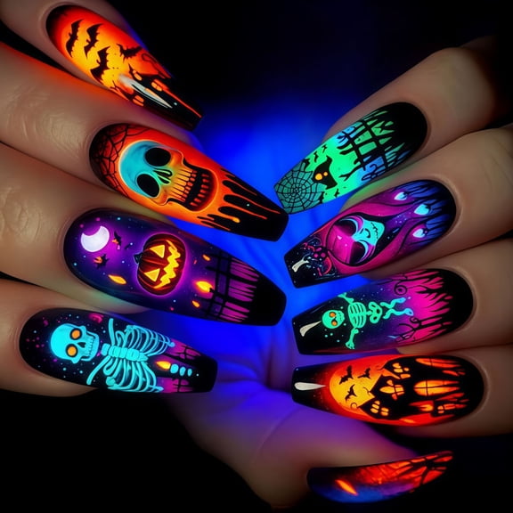 KUFptva Spooktacular Halloween Press-On Collection with 24 Pcs of Skeleton and Pumpkin Bat Designs in Coffin Shape