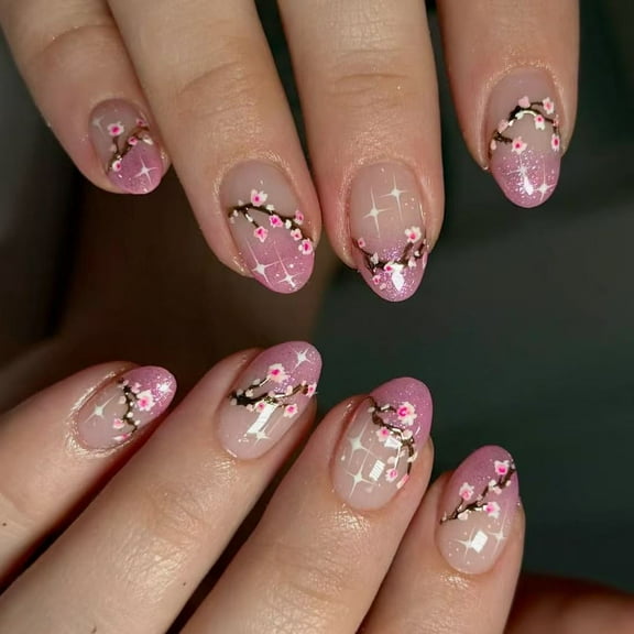 KUFptva Spring Artificial Nails 24Pcs Glitters Short Oval Press on Nails with Floral Designs Nails Decoration Office Wear Nails