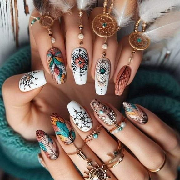 KUFptva Stylish Almond Floral Nails Press On Nails with Flower Decoration False Nails Stick on Nails for Women and Girls 24pcs