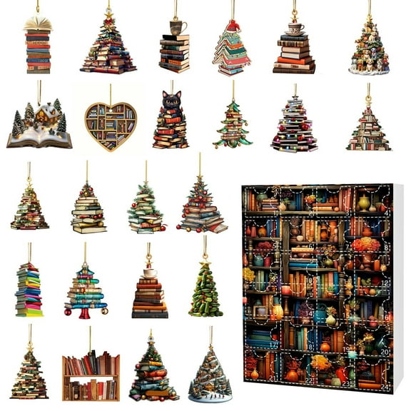 KUHBRCA 24 Days of Christmas Tree Shape Bookshelf Pendant Advent Calendar Blind Box, Stacked book decorations, Acrylic Ornaments for Keepsake Gift Ideas