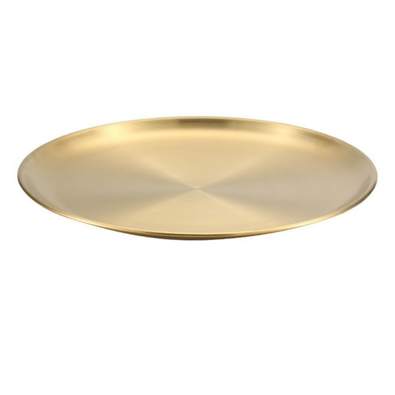 KUHBRCA Gold Stainless Steel Plate, Round Metal Dinner Plates, Kitchenware Dinner Dishes Serving Tray Large Camping Plates for BBQ, Snack, Food Serving, Dishwasher Safe Light Yellow1