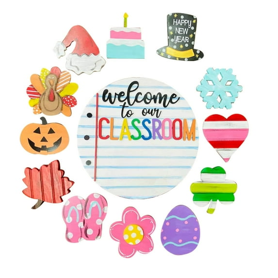 KUHBRCA Interchangeable Welcome Classroom Door Sign Wooden Back to School Door Sign, Hanging Sign Front Door with Seasonal Replaceable Ornaments for Halloween Thanksgiving Classroom Decor White