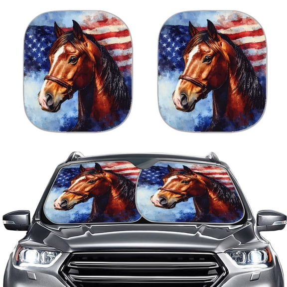 KUIFORTI 2 PCS Car Sun Shade Windshield Foldable Car Shade Front Windshield,Sun Visor for Car Windshield Universal for SUV Trucks Sedan, Horse USA Flag