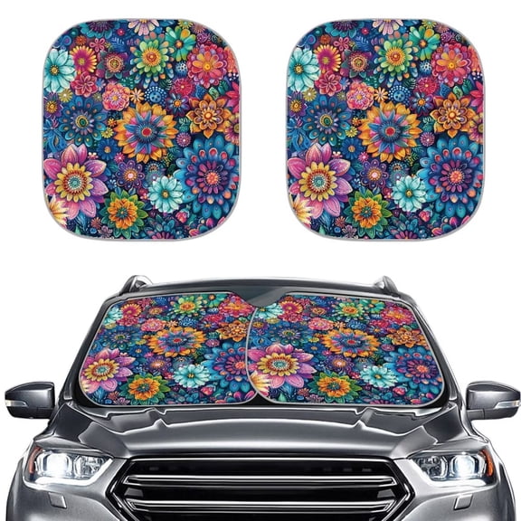 KUIFORTI 2 PCS Windshield Sun Shade, Mandala Flower Car Accessories Universal Foldable Auto Front Window Sunshade Protection, 99% UV Rays and Sun Heat Blocker and Keeps Your Vehicle Cool