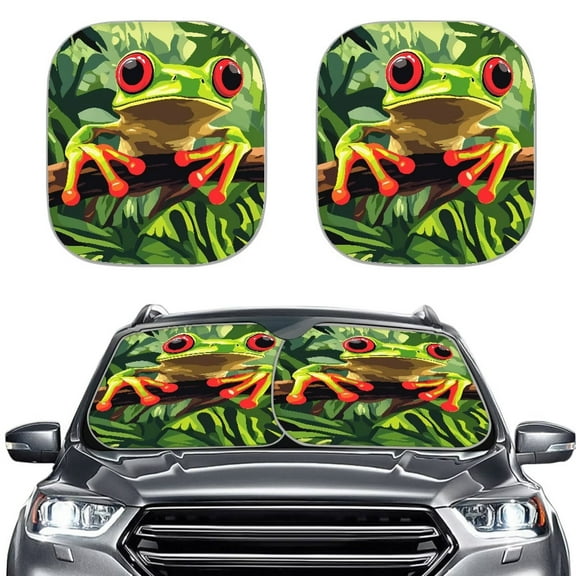 KUIFORTI 2 Pack Front Windshield Sun Shade Funny Frog Car Window Covers, Foldable Sunshade for Front Window UV Reflector Sun Protection Auto Windshield Cover, Green Frog Driving Car