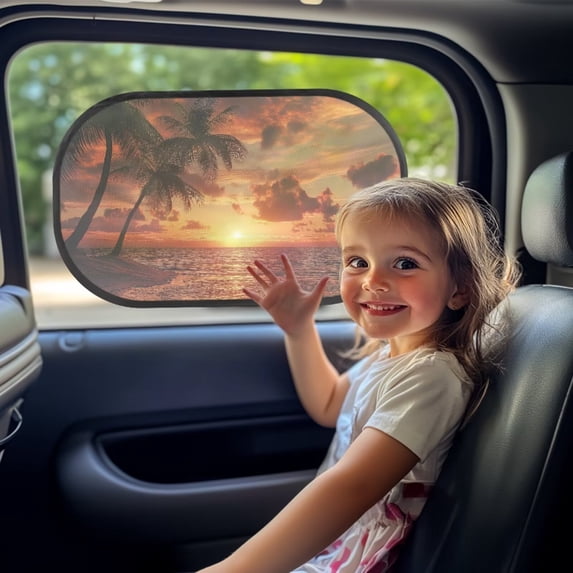 KUIFORTI 2 Pcs Car Window Shade for Baby Window Shades for Car Truck Sedan Van, Beach Palm Tree Cling Automotive Interior Sun Protection from UV and Sun Glare