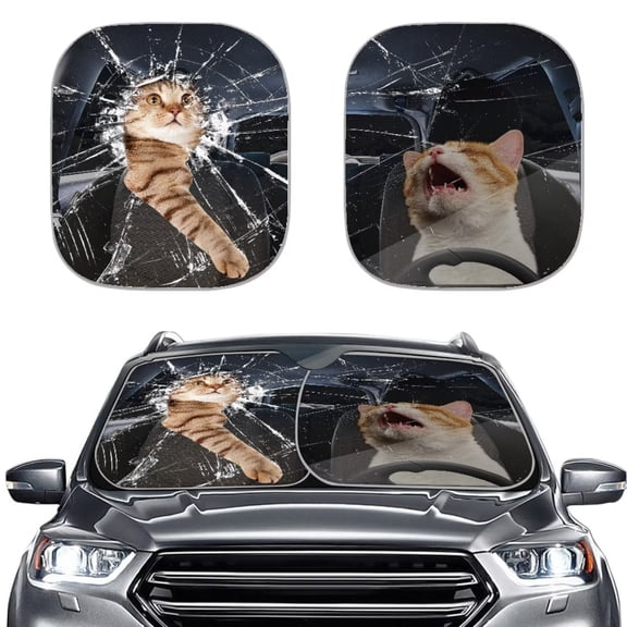 KUIFORTI 2 Pcs Front Sun Shade Windshield Cute Cat Car Front Window Shades Foldable Windshield Sun Shade Cover,Universal Sun Visor Shield for Most Sedans SUV Trucks Sedan