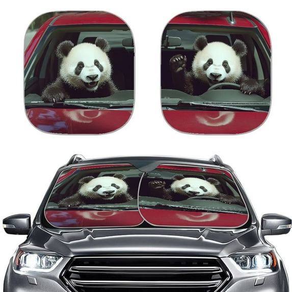 KUIFORTI 2 Pcs Windshield Sun Shade, Foldable Car Front Window Shades Cute Sunshade Cover Sun Visor Shield Block Automotive Interior Protector Blocks Uv Rays, Panda Drive