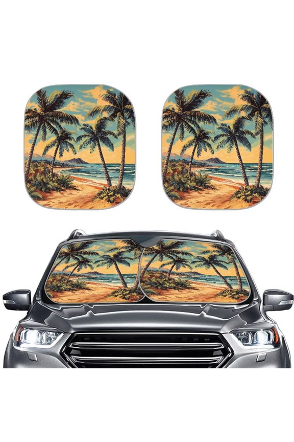2 Piece Sun Shade for Car Windshield Foldable Universal, Beach Windshield Cover, Lightweight Automotive Interior Sun Protection, Block UV Rays Keep Your Car Cooler, Palm Tree Print