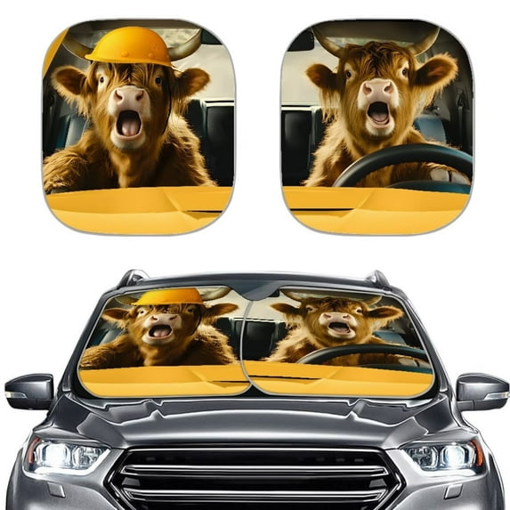 KUIFORTI 2 Pieces Car Windshield Sun Shade Cute Highland Cow Automotive Windshield Sunshades for Car Windows, Stylish Sunshade for Sun, Heat and UV Rays