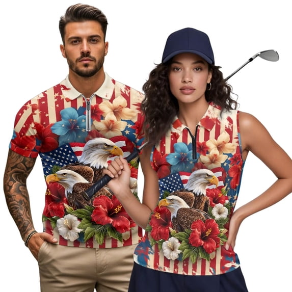 KUIFORTI 250th Anniversary Matching Golf Shirts for Couple Fit Plain Women Sport Cloth Golf Tennis Tank Top Racerback Design Golf Shirt Keep Cool in Hot Weather Quick Dry