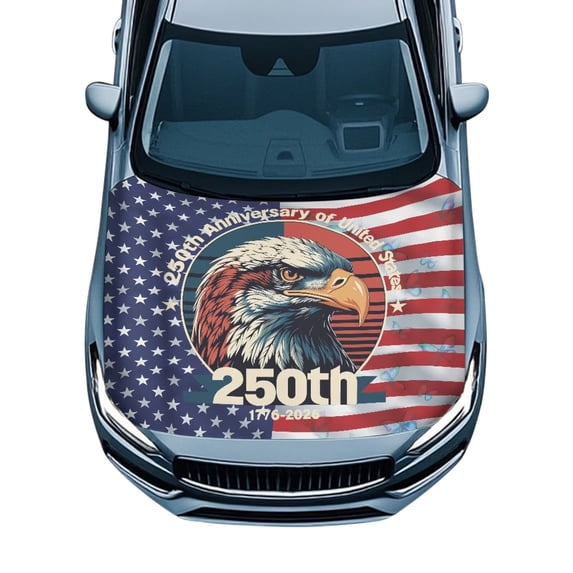 KUIFORTI 250th US Anniversary Patriotic Eagle US Flag Car Hood Cover, Stretchable All-Weather Hood Wrap Protector Automotive Accessory for Sedans SUVs Cars