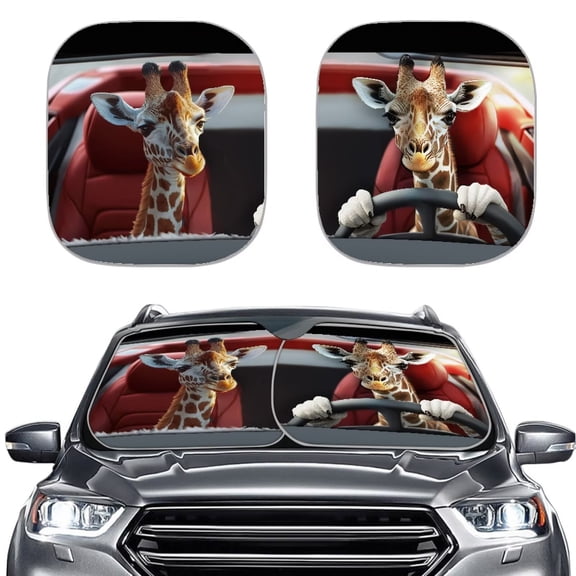 KUIFORTI 2PCS Car Windshield Sunshade Foldable 28.5"x25.5" Auto Front Window Sun Shade Blocks UV Rays Heat Protection Visor for Car Truck SUV, Giraffe Print