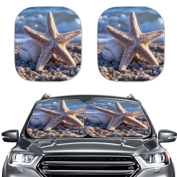 KUIFORTI 2Pcs Beach Windshield Sun Shade Foldable Sunshade, Starfish Print Car Sun Visor Block UV Rays Sun Shade Visor Protector for Car Sedan Truck SUV Accessories
