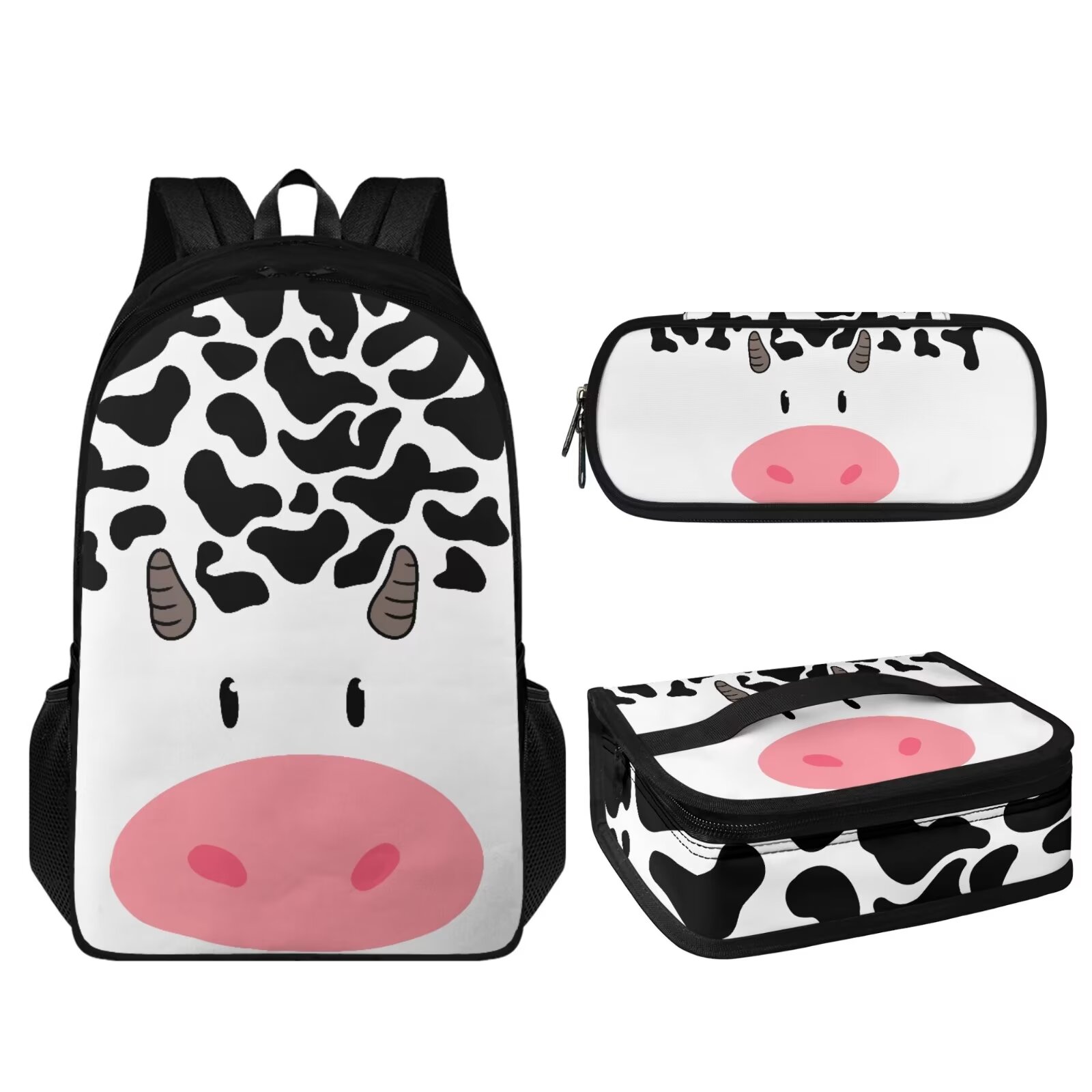 KUIFORTI 3 Pack Shoulder Bag Set Portable Backpack Handbag Crossbody Bag Pencil Case, Cute Cow Print