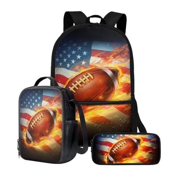 KUIFORTI 3pcs Backpack Messenger Bag Crossbody Lunch Case Lunch Bag Pencil Bag with Pocket, American Football Print