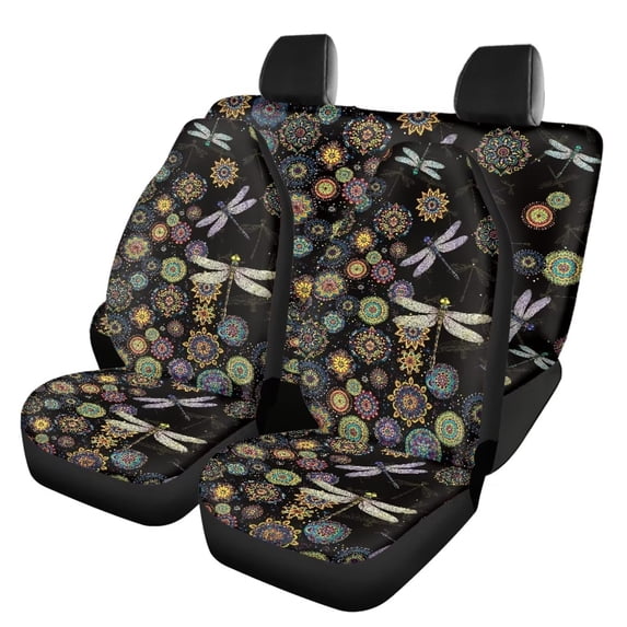 KUIFORTI 4Pcs Dragonfly Auto Seat Cover Flower Car Front Seat and Split Bench Cover Pads Protector Washable Interior Accessories