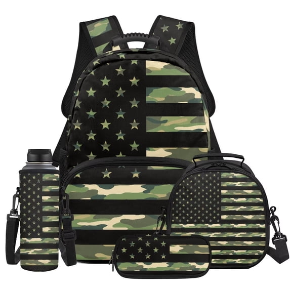 KUIFORTI American Flag 4PCS Kids Backpack Set with Lunch Box Pencil Pouch Water Bottle Sleeve Lightweight Boys Girls School Bag for Elementary Middle School Student Back to School Gifts