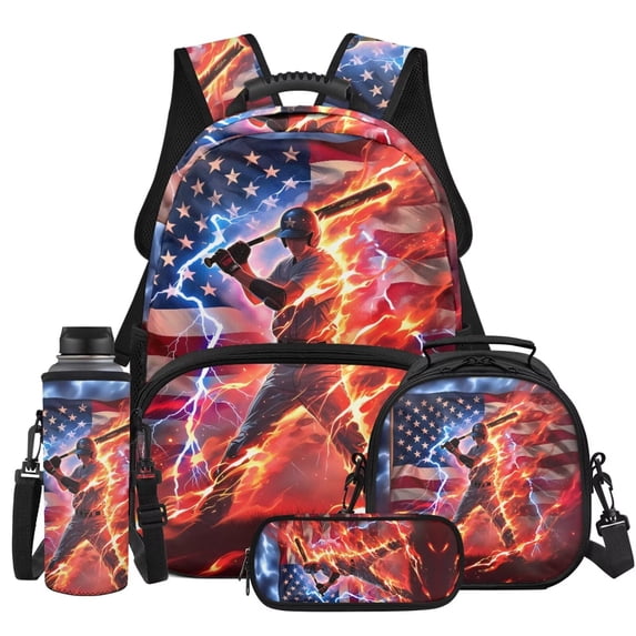 KUIFORTI American Flag Baseball Player Bookbag with Lunch Box Kid Backpack Set 4Pcs Boys School Bag Pencil Pouch for Elementary Primary Middle School Back to School Supplies
