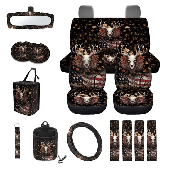 KUIFORTI American Flag Deer Car Seat Covers Full Set Automotive Interior Accessories 15 Piece with Steering Wheel Cover Cup Holder Coaster Seatbelt Pads Rearview Mirror Cover Car Air Vent Storage Bag