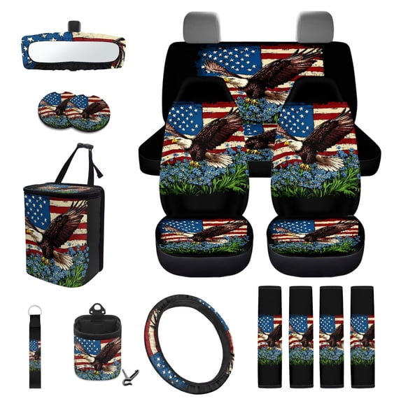 KUIFORTI American Flag Eagle Automobile Seat Cover Sets Anti Slip Set of 15 Automotive Front Seat & Bench Back Seat Cover All-Season Protection Washable for Most Sedan Truck SUV