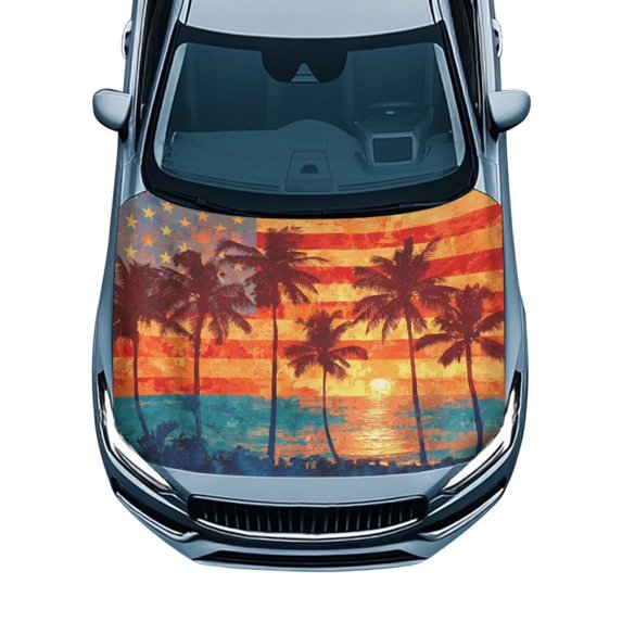 KUIFORTI American Flag Palm Tree Sunset Car Hood Cover, Stretchable Fade-Resistant Car Hood Wrap Protector, Easy to Install Removable for Sedans SUVs Cars