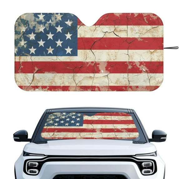 KUIFORTI American Flag Sun Shade Car Windshield Automotive Sun Shield 66.53"x34.44" Sun Blocker for Car, SUV, Truck, Sedan, Premium Reflective Material Blocks 98% Solar Radiation, Beach Palm Trees